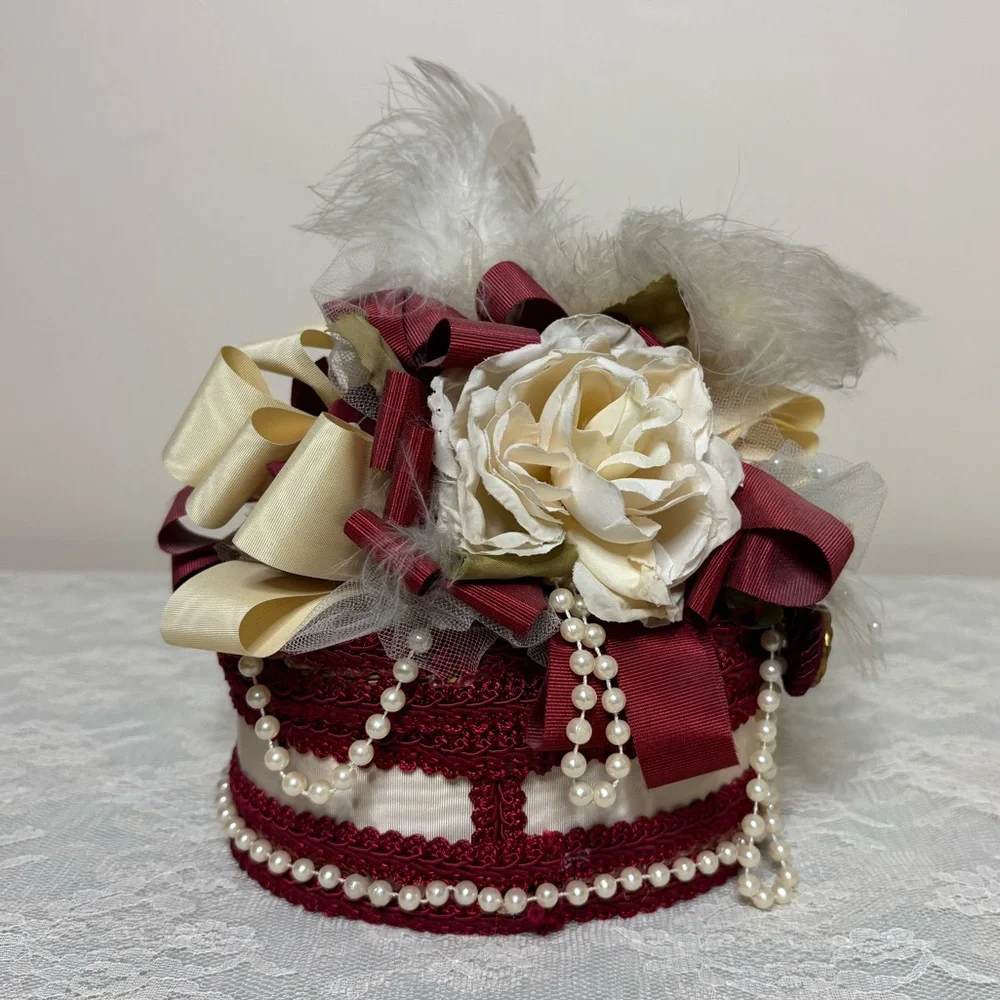 Victorian Lovers Box Handcrafted Woven Wicker Trinket Box Silk Satin Lace Pearls